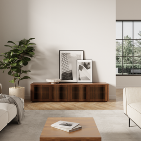 Modern Solid Wood TV Stand, Minimalist Slatted Entertainment Center, TV Cabinet with Removable Shelves