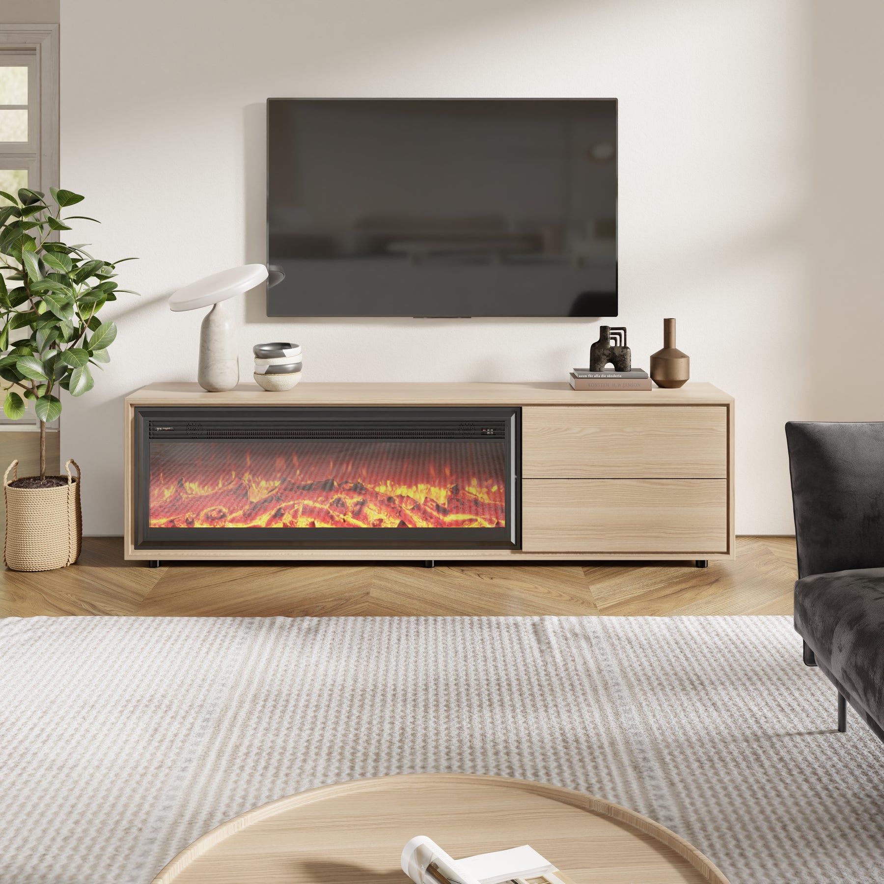 2 Storage Walnut+Ash Wood Electronic Simulation Heating Fireplace