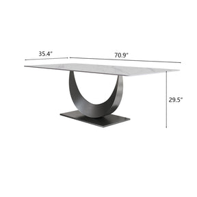 Modern Minimalist White Dining Table for 4-8, with Rectangular Sintered Stone Tabletop, Crescent Moon Shape, Black Stainless Steel Base