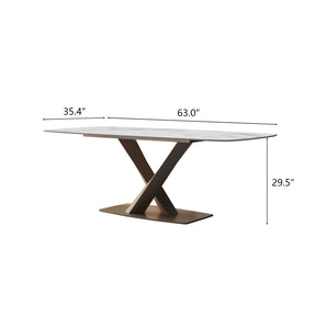 Modern White Pedestal Kitchen Table for 4-8 with Rectangular Sintered Stone Tabletop, X Shape Design, Stainless Steel Base