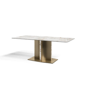 Modern Minimalist White Rectangular Sintered Stone Dining Table for 4-8, with Gold Stainless Steel Titanium Base