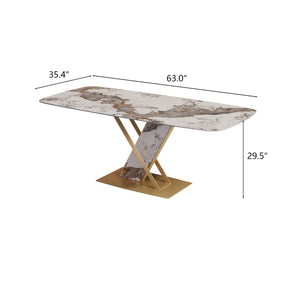 Modern Luxe White Pedestal Kitchen Table for 4-8 with Rectangular Sintered Stone Tabletop, X Shape Design, Carbon Steel Base