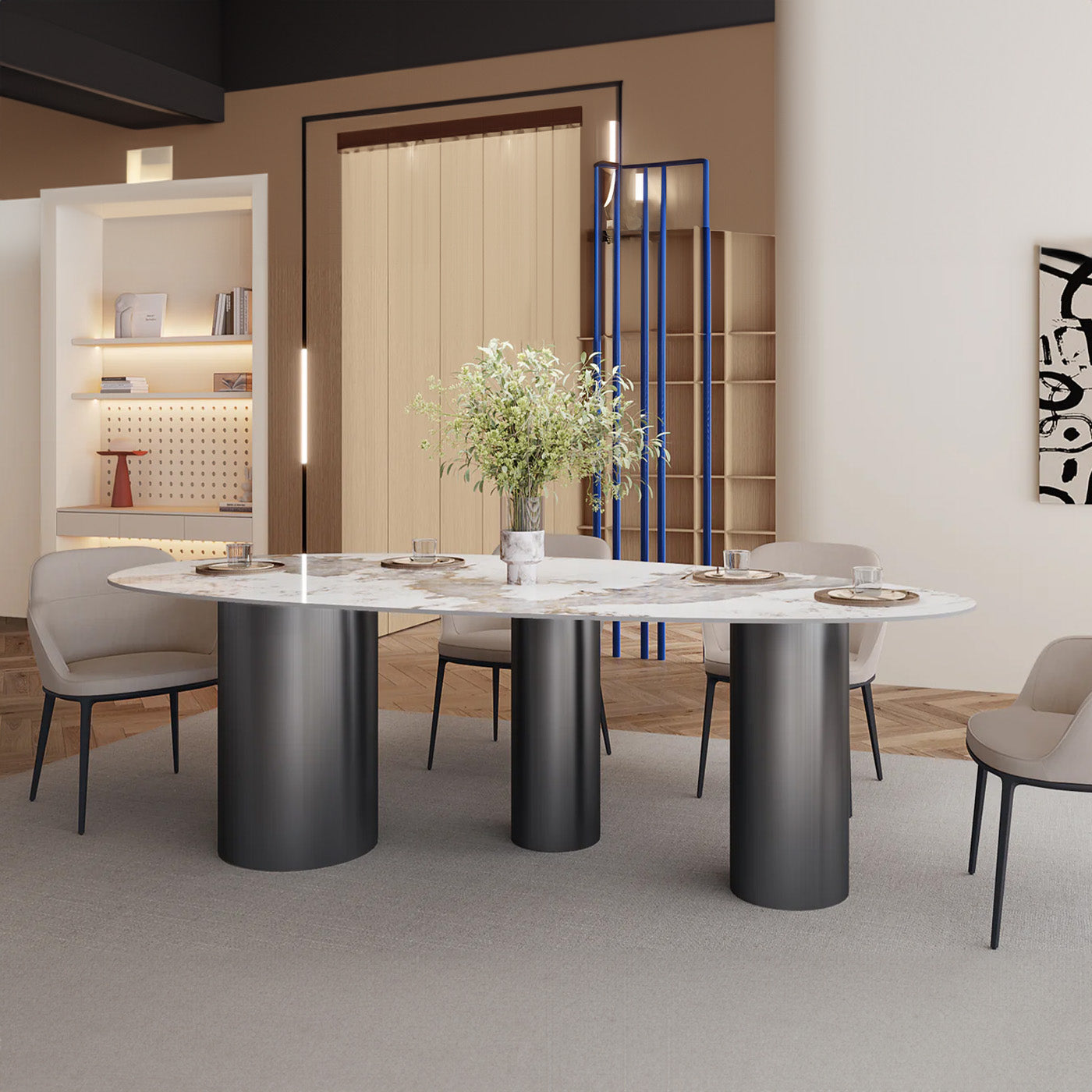 Modern Minimalist White Oval Sintered Stone Dining Table for 6, with 3 Gun Black Stainless Legs