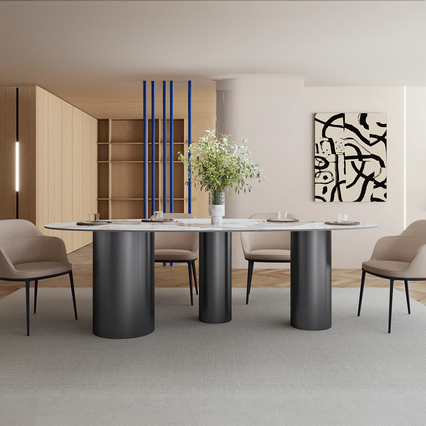 Modern Minimalist White Oval Sintered Stone Dining Table for 6, with 3 Gun Black Stainless Legs