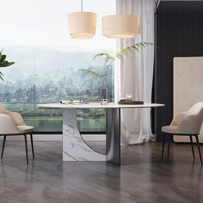 Modern White Round Dining Table for 6-8 with Sintered Stone Tabletop, With Irregular Black&White Stainless Steel Base