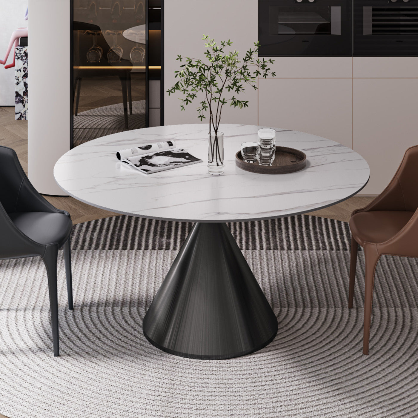 Modern White Round Dining Table for 4-6 with Sintered Stone Tabletop, Hourglass-shaped Design Gun Black Stainless Base