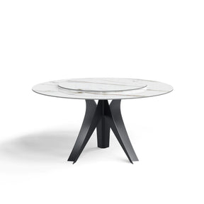 Modern White Round Dining Table for 4-6 with Sintered Stone Tabletop Rotating Lazy Susan, With 3 Gun Black Stainless Steel Legs