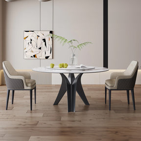 Modern White Round Dining Table for 4-6 with Sintered Stone Tabletop Rotating Lazy Susan, With 3 Gun Black Stainless Steel Legs
