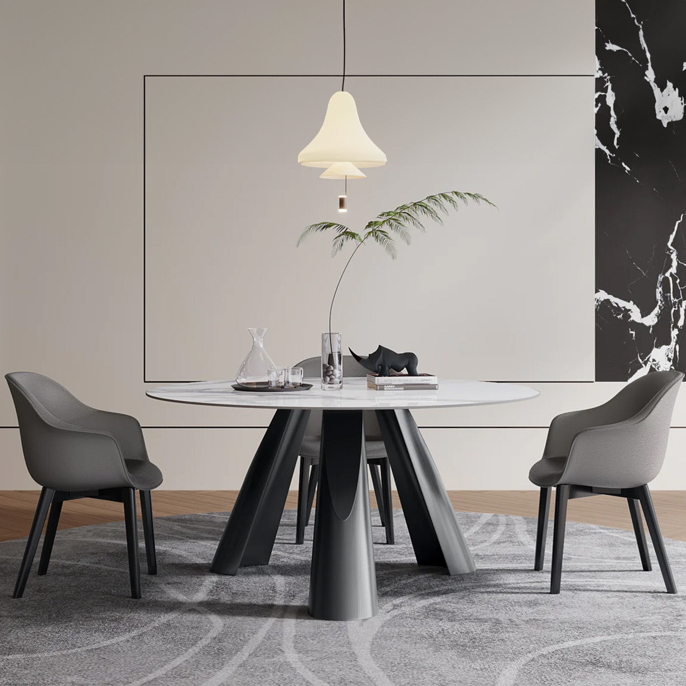 Modern White Round Dining Table for 6-8 with Sintered Stone Tabletop, with 3 Gun Black Brushed Stainless Legs