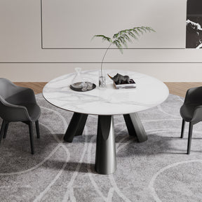 Modern White Round Dining Table for 6-8 with Sintered Stone Tabletop, with 3 Gun Black Brushed Stainless Legs