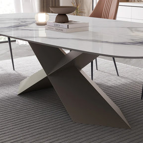 Modern White Sintered Stone Dining Table for 4-8, with X-shape Design Black Carbon Steel Base