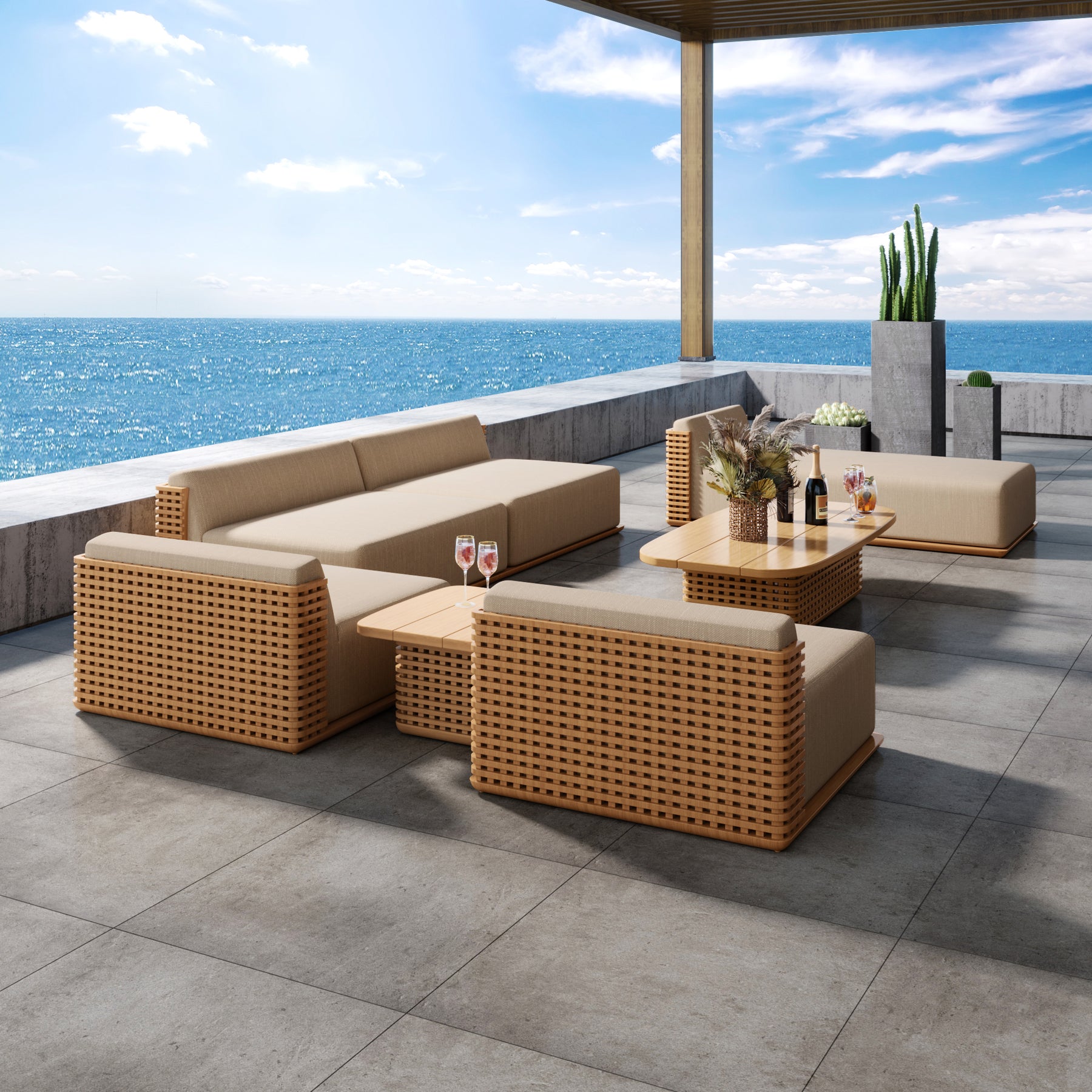 6 Pieces Outdoor Wood Sofas with Coffee Table