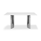 Modern Minimalist White Matt Rectangular Sintered Stone Dining Table For 4-8, With Bright Gray Semi-cylindrical Stainless Steel Legs