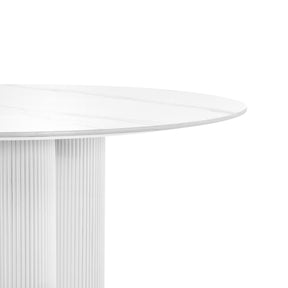 Modern White Round Pedestal Dining Table for 4-6 with Sintered Stone Tabletop, with 3 Solid Wood Table Legs
