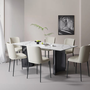Modern Minimalist White Matt Rectangular Sintered Stone Dining Table For 4-8, With Bright Gray Semi-cylindrical Stainless Steel Legs