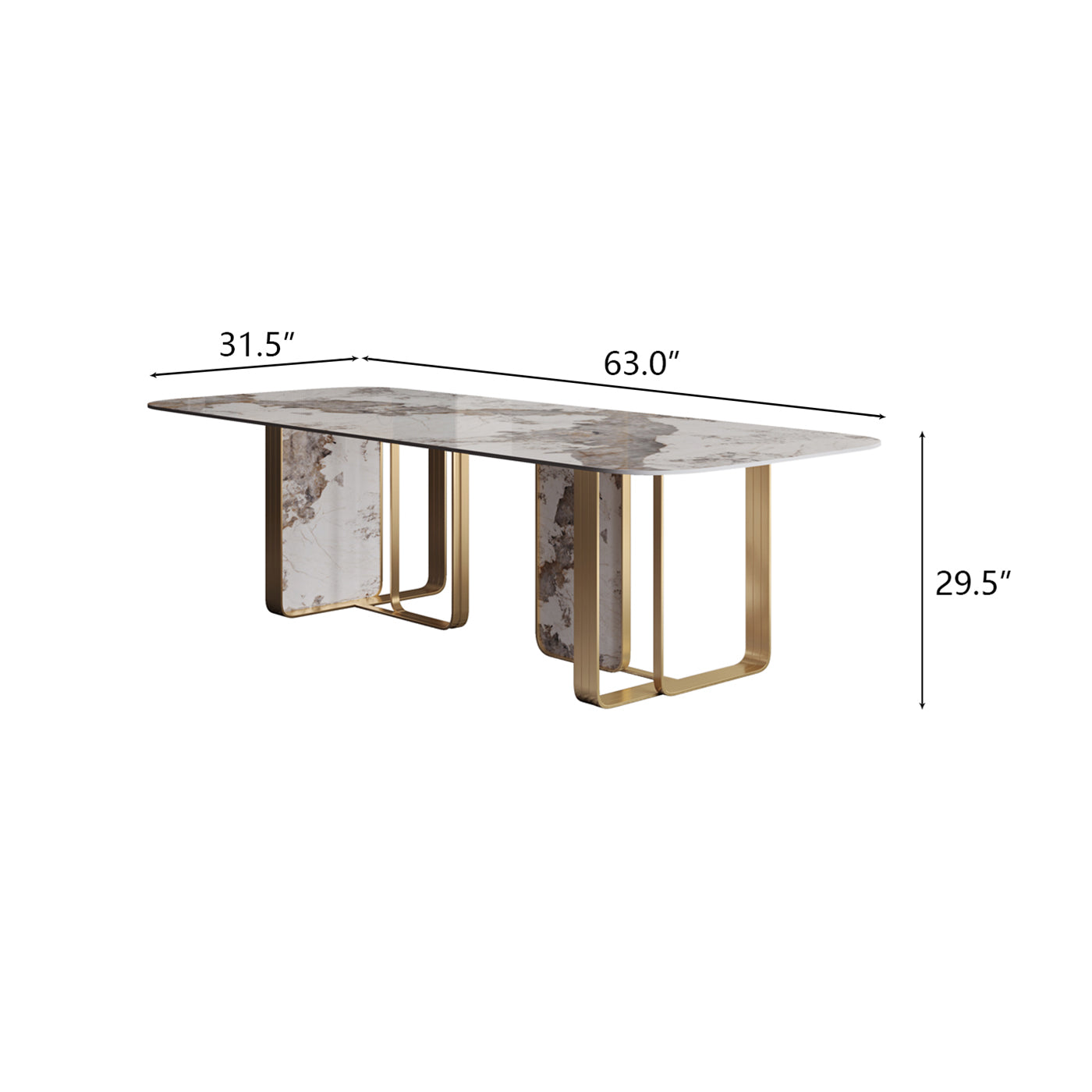 Modern Luxe Marble Dining Table with White Rectangular Tabletop, Gold Stainless Legs, Dining Room Table for 4-6