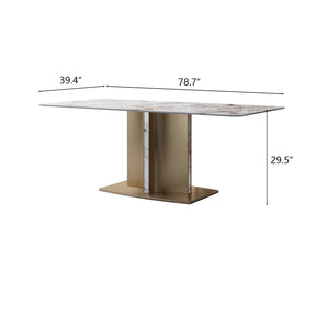 Modern Minimalist White Rectangular Sintered Stone Dining Table for 4-8, with Gold Stainless Steel Titanium Base
