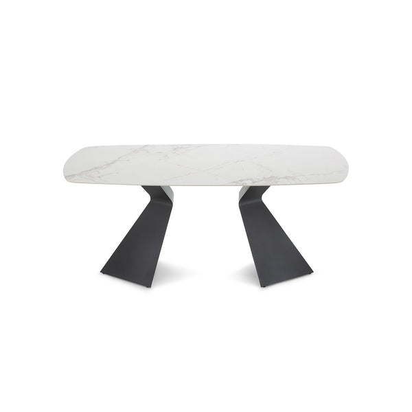 Modern Luxe White Pedestal Kitchen Table for 4-8 with Rectangular Sintered Stone Tabletop, π Shape Design, Black Carbon Steel Base