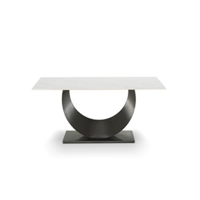 Modern Minimalist White Dining Table for 4-8, with Rectangular Sintered Stone Tabletop, Crescent Moon Shape, Black Stainless Steel Base