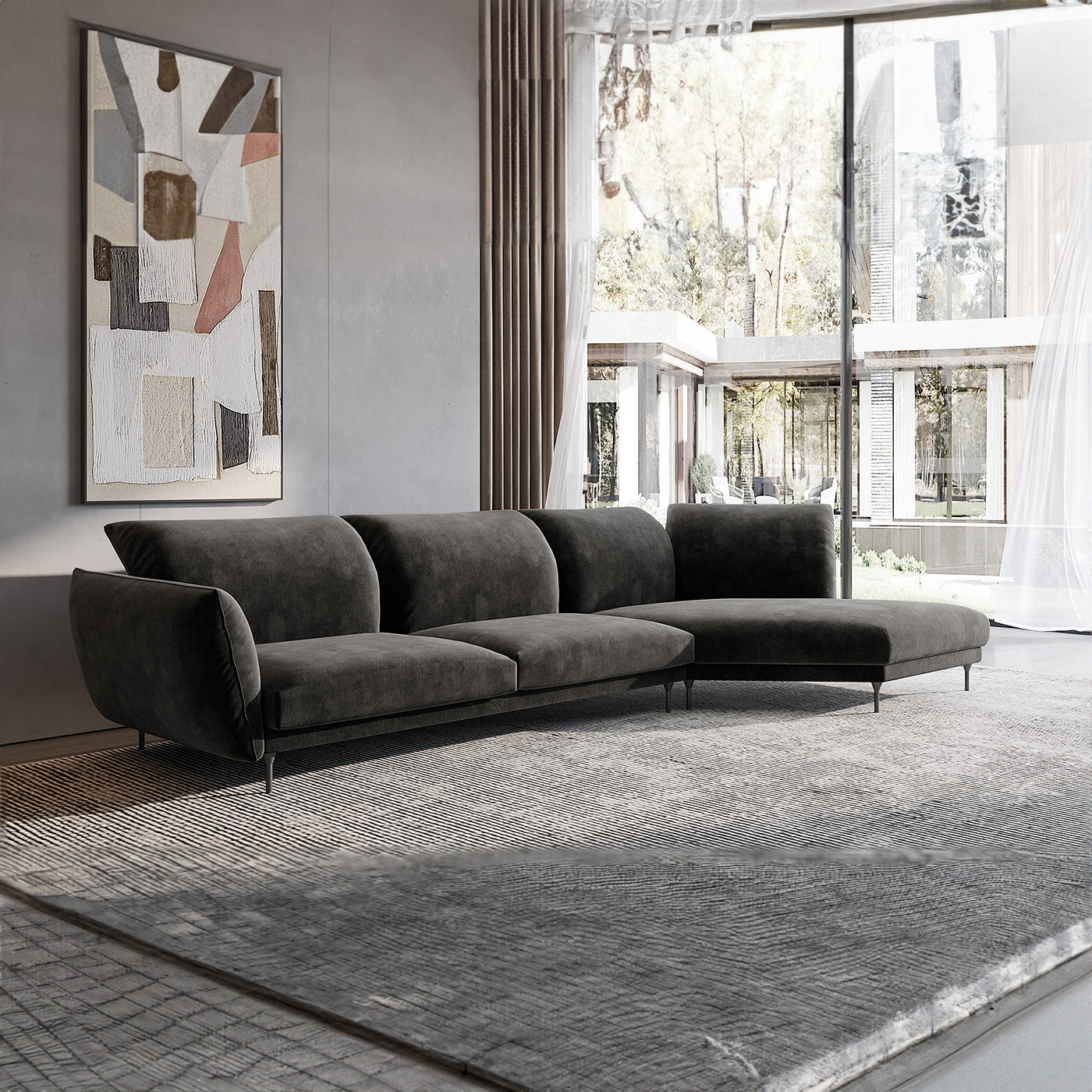 Modern Italian Gray Velvet Lounger Sofa, with Armrest, with Metal Legs