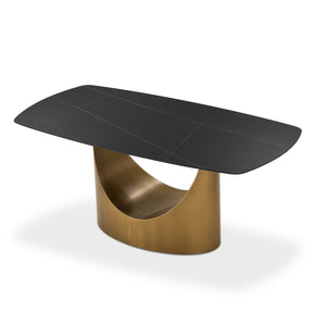 Modern Minimalist Black Dining Table for 4-8,  with Rectangular Sintered Stone Tabletop, Crescent Moon Shape, Titanium Base