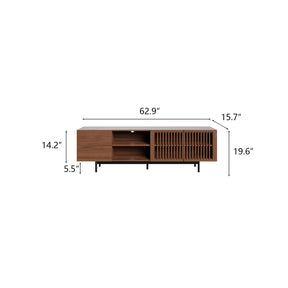 Mid-Century Modern Wood TV Stand, Louvered Entertainment Center with Slatted Doors, With Tall-Cast Metal Legs