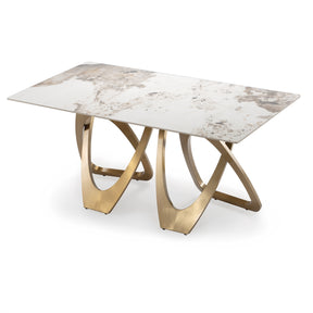 Modern White Pedestal Kitchen Table for 4-8 with Rectangular Sintered Stone Tabletop, Triangle Cross Shape Design, Stainless Steel Base