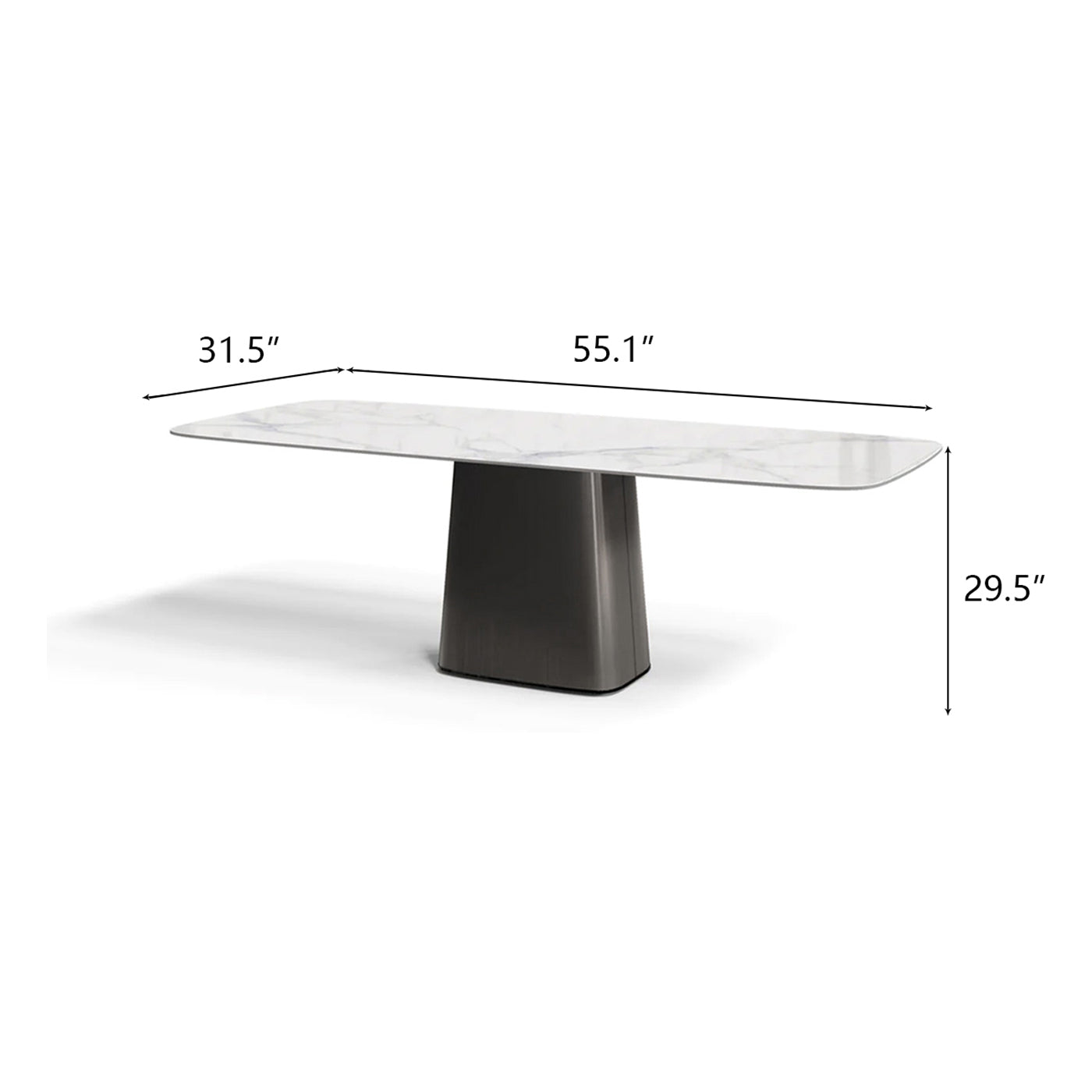 Modern Luxe White Polished Sintered Stone Dining Table for 4-6, with Stainless Steel Plated Black Base
