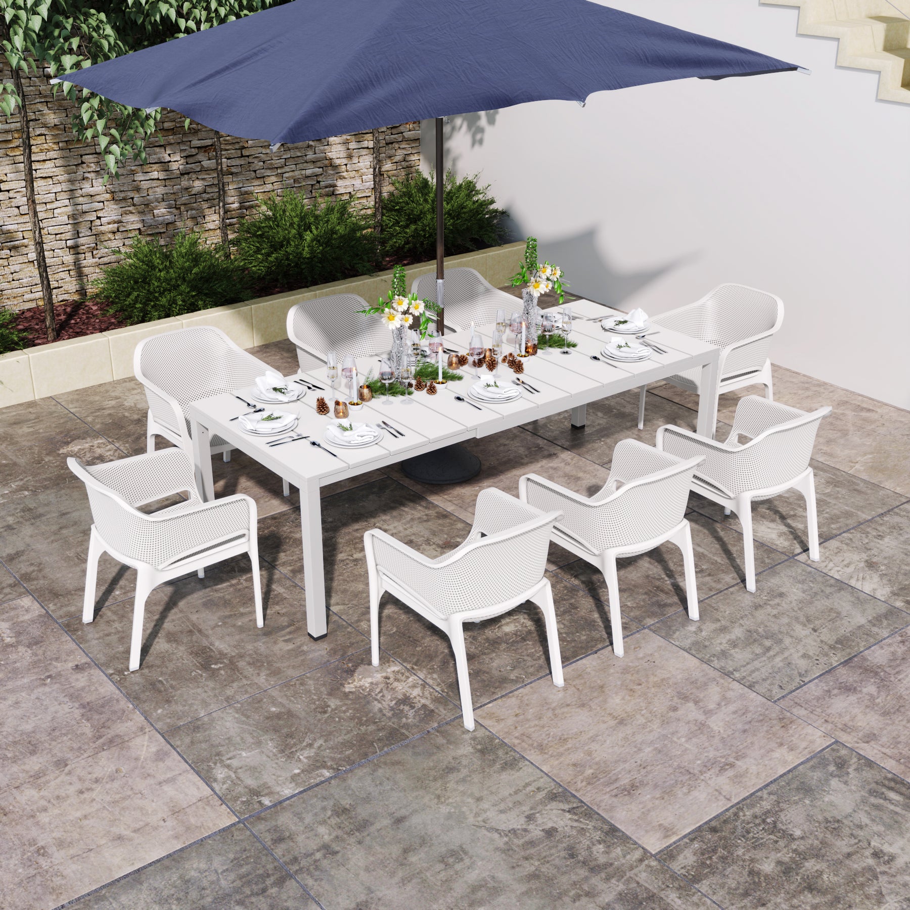 9 Pieces Outdoor Patio Extendable Resin Tables Set With 8 Chairs