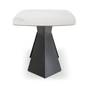Modern Luxe White Pedestal Kitchen Table for 4-8 with Rectangular Sintered Stone Tabletop, π Shape Design, Black Carbon Steel Base