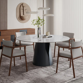 Modern Minimalist Pedestal Round Dining Table for 4-6, with White Sintered Stone Tabletop, Black Stainless Steel Base
