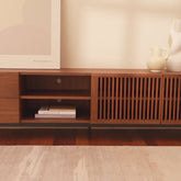 Mid-Century Modern Wood TV Stand, Louvered Entertainment Center with Slatted Doors, With Tall-Cast Metal Legs